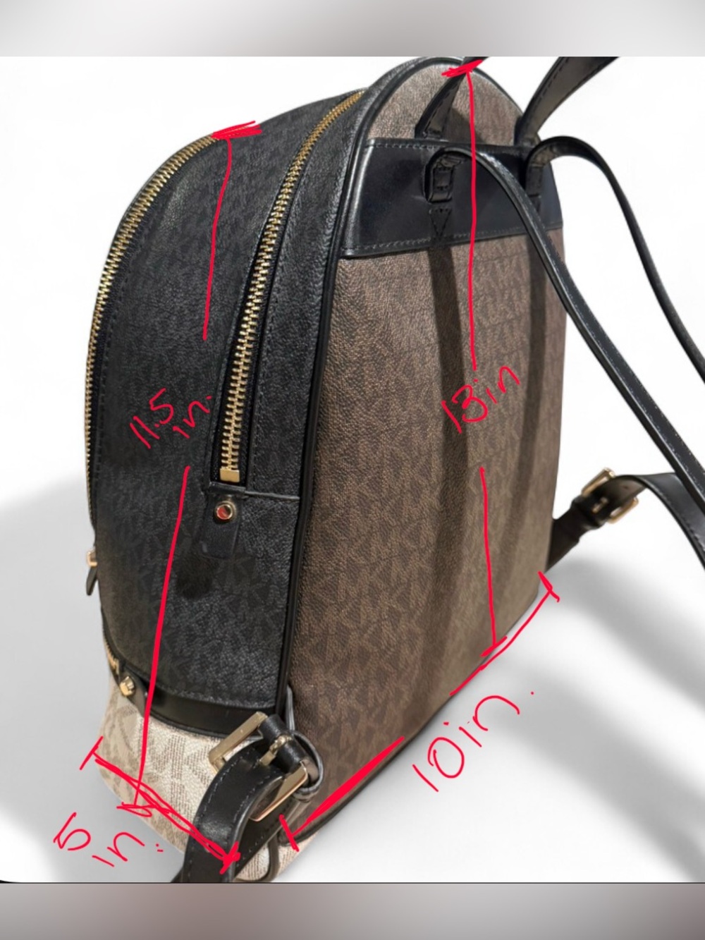 Michael Kors Rhea Medium Backpack Brown Vanilla MK Monogram Gold Zip Purse - Picture 3 of 5